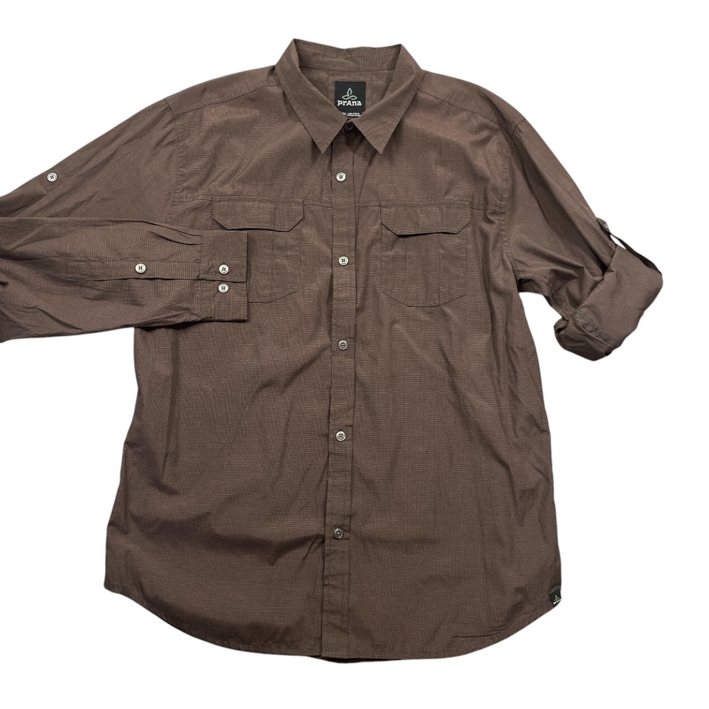 Prana XL Brown Long Sleeve Dress Shirt Roll Tab Sleeves Hook & Eye Pocket Closur
